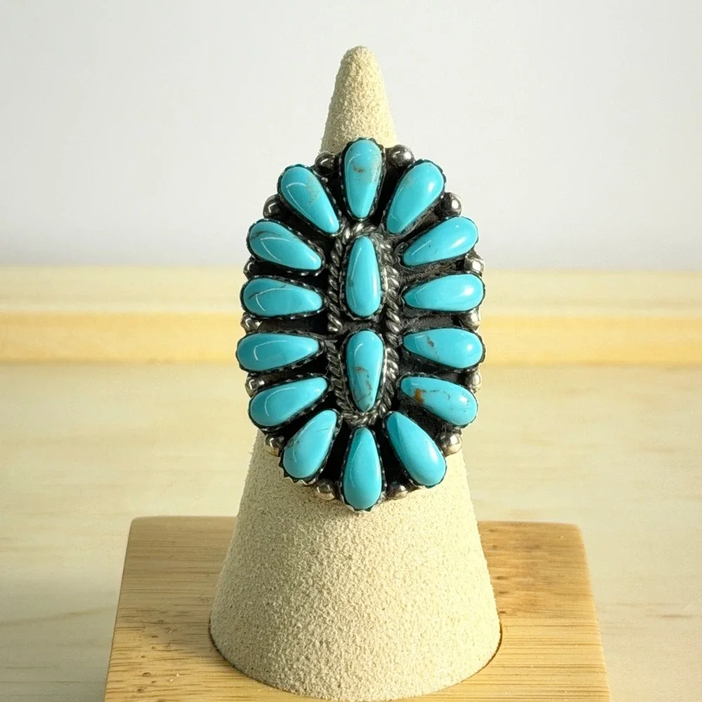 Navajo Turquoise Cluster Ring Rosanna Williams Signed Sterling Silver Southwest